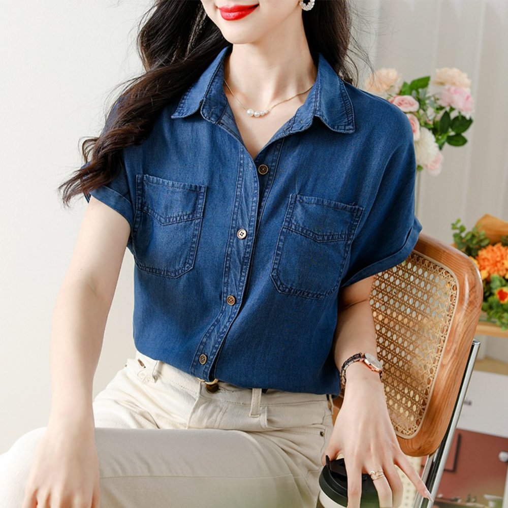 Women's Casual Button Down Denim Blouse Pockets Short Sleeve - Picture 2 of 4